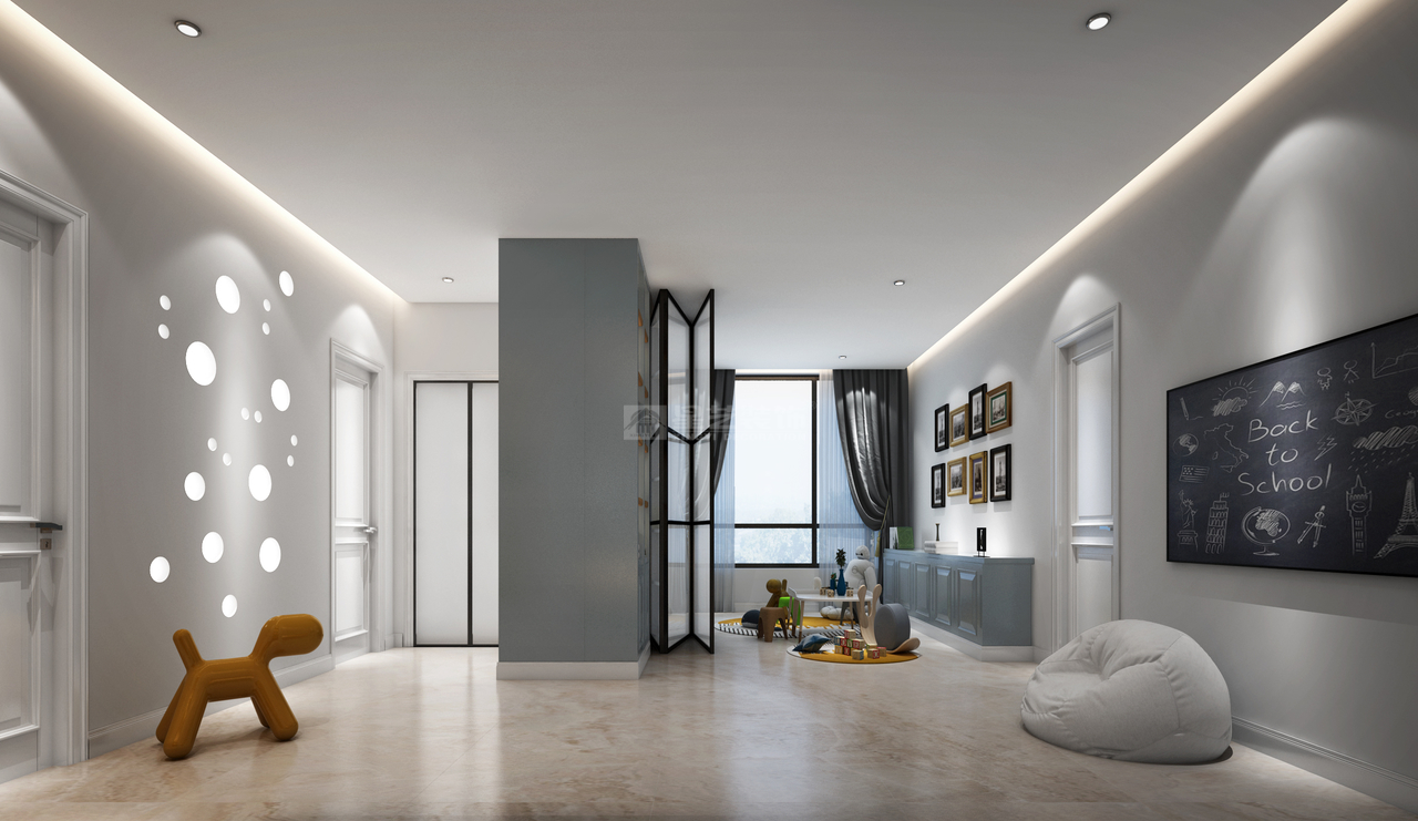 设计师在近300平方米的家居空间中，利用现代简约手法把空间划分、功能布局做的游刃有余。